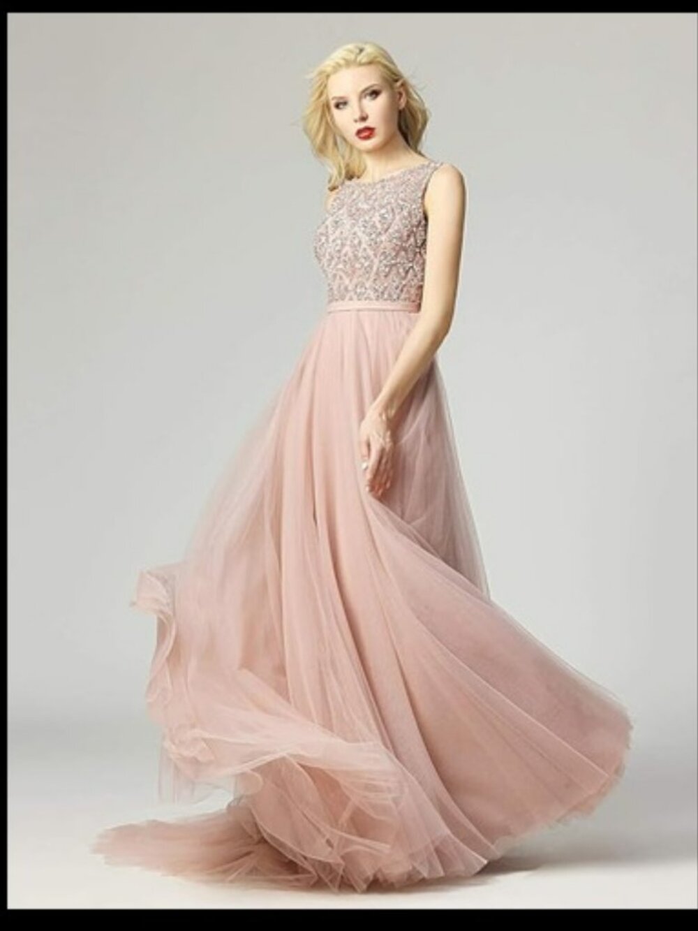 Mauve Pink Beaded Sequin Tulle Ball Gown Sz 14